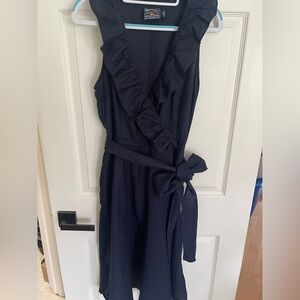 American Living Navy Ruffle Wrap Midi Dress with Waist Tie